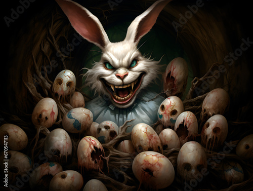 Scary easter bunning smiling with sharp teeth and rotten easter eggs