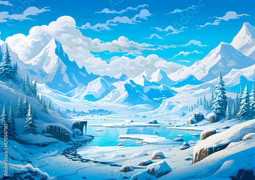 Beautiful Snowy landscape with blue skies and sunlight, trees and lakes