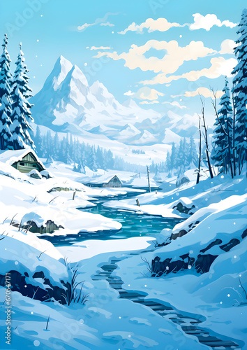 Beautiful Snowy landscape with blue skies and sunlight, trees and lakes