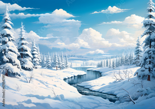 Beautiful Snowy landscape with blue skies and sunlight, trees and lakes