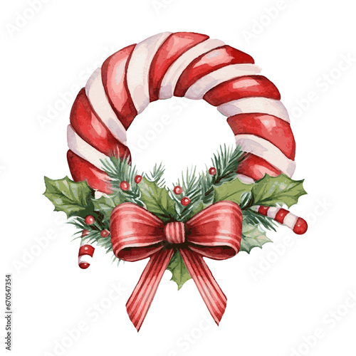 Sweet striped cane candy wreath Christmas decor for greeting holiday card watercolor paint on white background