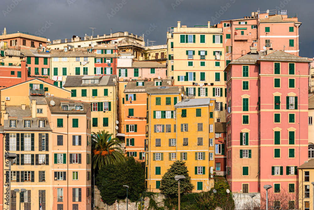 Typical colored houses in the downtown of Genoa