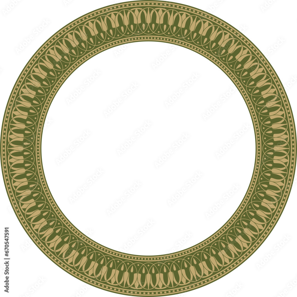 Vector gold and green round classical Greek meander ornament. Pattern, circle of Ancient Greece. Border, frame, ring of the Roman Empire..