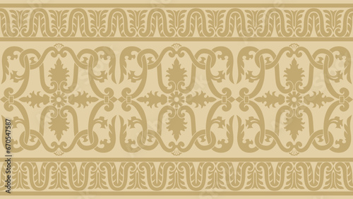 Vector gold seamless classic renaissance ornament. Endless european border, revival style frame..