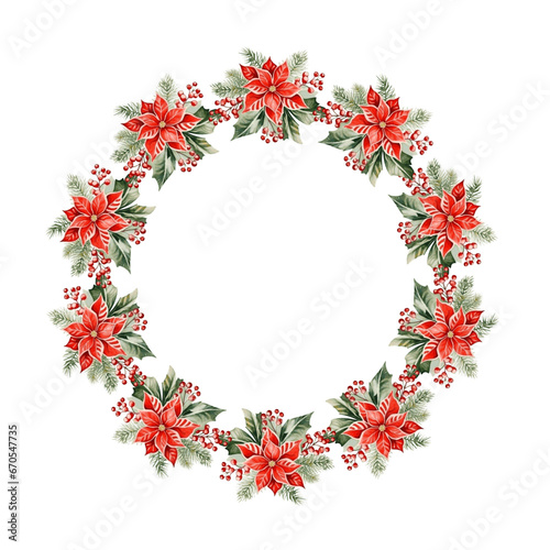 Poinsettia christmas decor watercolor painting wreath on white background