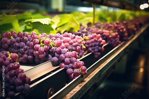 Selected Industrial Factory Grapes on a conveyor belt in an automated food production plant