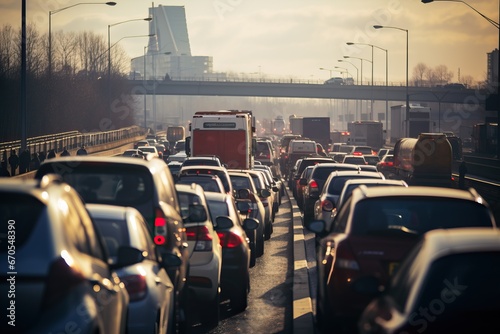 Traffic jams on the motorway during rush hour. photo