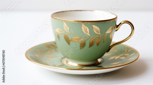 A vintage green tea cup with a matching saucer  both adorned with subtle gold leaf designs  isolated on a bright white canvas.