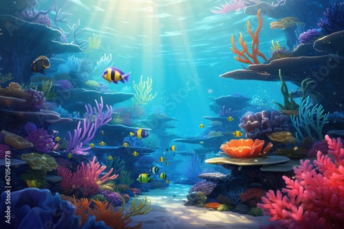 Vibrant underwater scene with coral reefs, tropical fishes, and clear blue water.