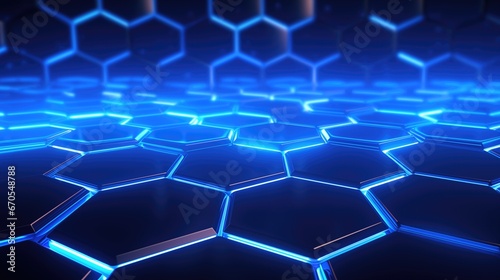 Abstract 3D futuristic background with hexagons and blue neon lights.