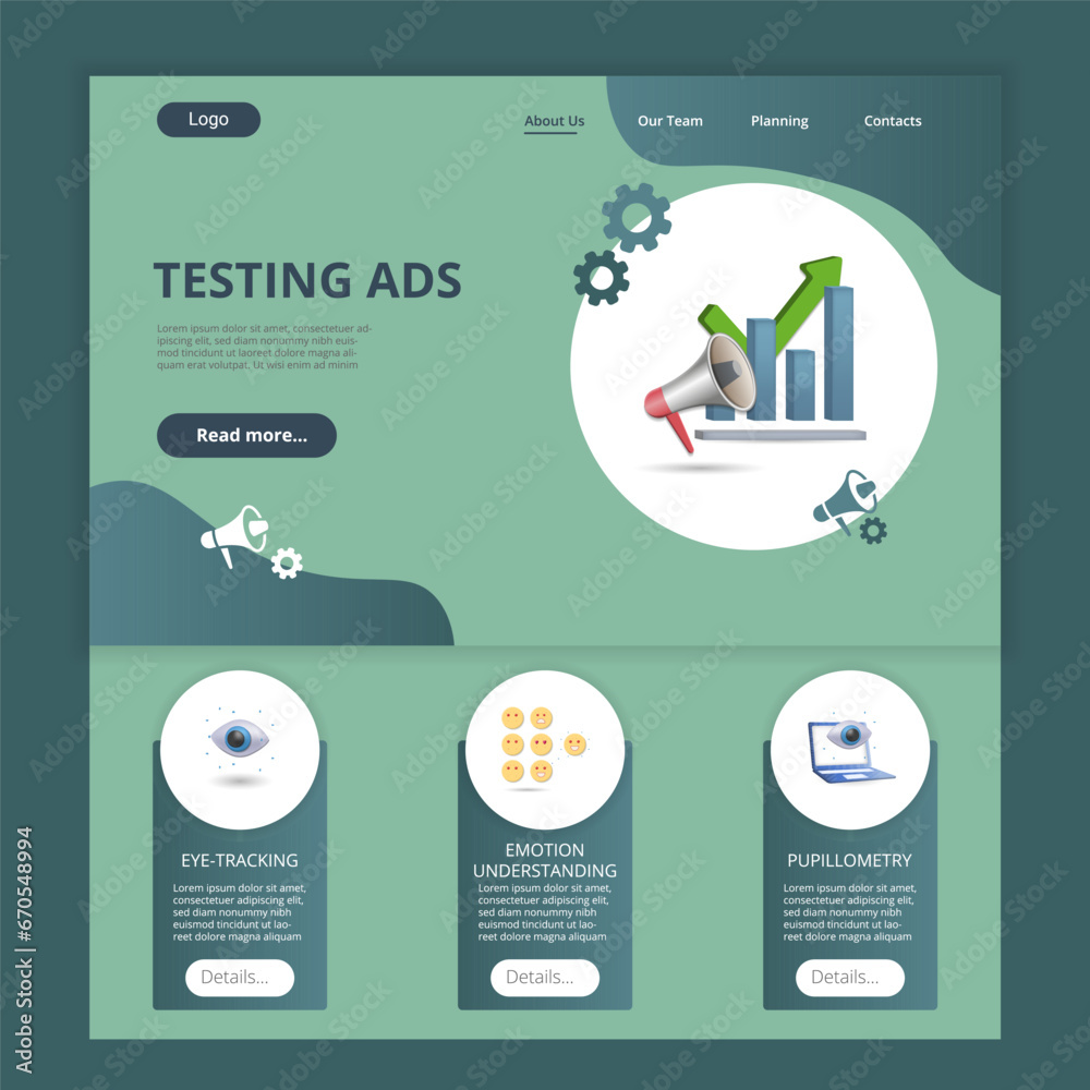 Testing ads flat landing page website template. Eye-tracking, emotion understanding, pupillometry. Web banner with header, content and footer. Vector illustration. Testing ads flat landing page website template. Eye-tracking, emotion understanding, pupillometry. Web banner with header, content and footer. Vector illustration.