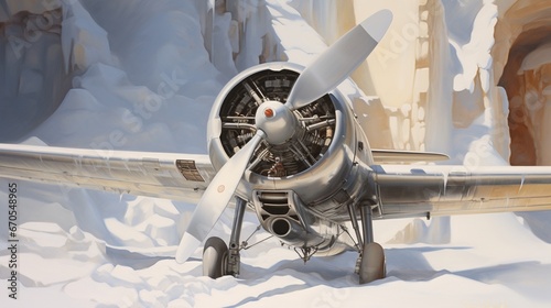 A vintage propeller-driven aircraft, its propellers frozen mid-spin, exuding an aura of historic aviation on a flawless white canvas.