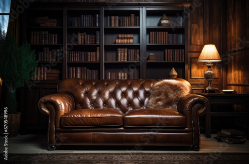 brown leather couch with empty frame in vintage interior.