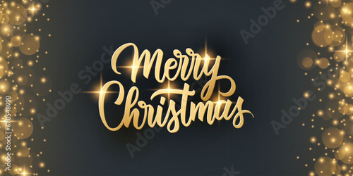 Merry Christmas celebration banner with gold colored hand lettering greetings and golden glittering sparks. Luxury holiday background. Vector illustration.