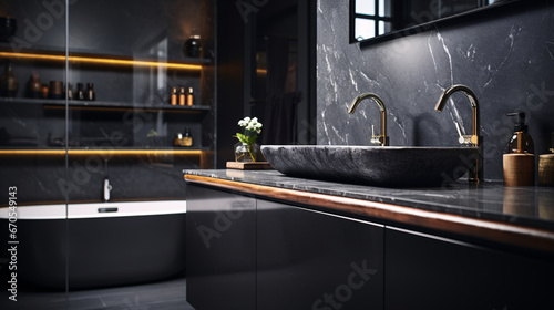 Black bathroom interior design, countertop washbasin with copper faucet on black marble counter and bathtub in modern luxury minimal bathroom.