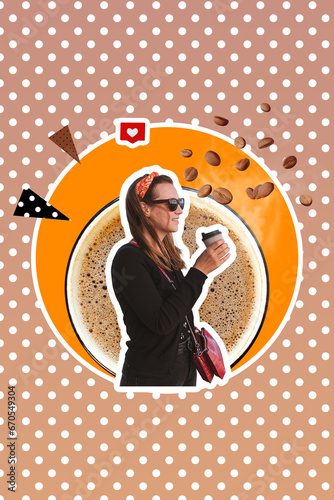 Creative digital collage stylish young woman in bandana hot coffee cup flying beans steam pastel gradient polka dot background. Contemporary style funky trendy graphic montage Coffee house advertising