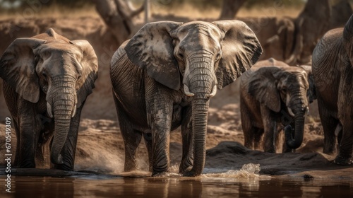 Group of African Elephants drinking at a waterhole. Wildlife Concept With Copy Space