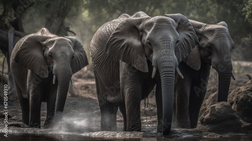Elephants in National Park. Wildlife Concept With Copy Space