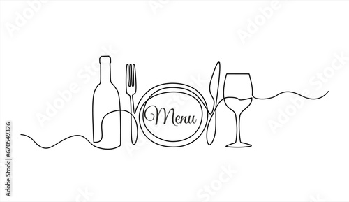 Continuous one single line drawing of plate, fork, knife, bottle of wine and glass. Restaurant menu. Menu food design. Vector illustration.