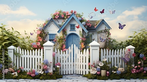 A whimsical garden with a heart-shaped door on a white picket fence, with butterflies fluttering about. photo