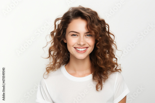 Generative AI illustration of young girl with curly hairdress beaming smiling over background