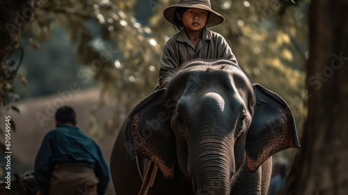 asian boy riding an elephant in the jungle. Wildlife Concept With Copy Space © John Martin