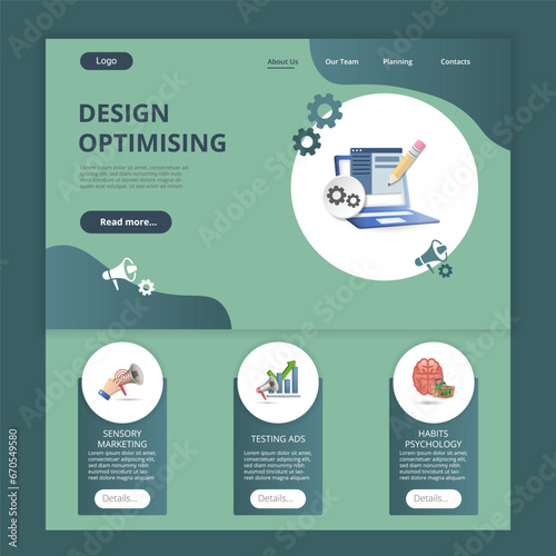 Design optimising flat landing page website template. Sensory marketing, testing ads, habits psychology. Web banner with header, content and footer. Vector illustration.