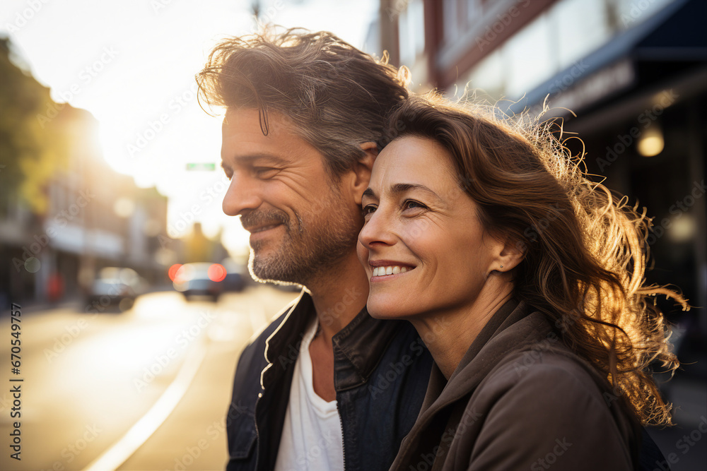 Generative AI portrait of cute cheerful couple walking in the city enjoying romantic feelings