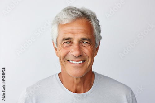 Portrait of handsome man with bright smile veneers after dentist isolated on white background