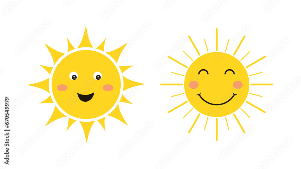 Cute two suns with smiling faces. Happy sun in flat style. Cute summer sunshine emoji. Set of yellow childish sunny emoticons isolated on white background. Baby sun with sunbeams. Vector illustration