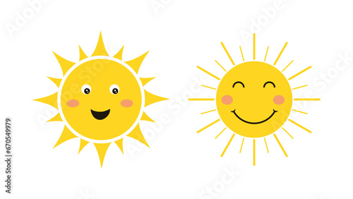 Cute two suns with smiling faces. Happy sun in flat style. Cute summer sunshine emoji. Set of yellow childish sunny emoticons isolated on white background. Baby sun with sunbeams. Vector illustration