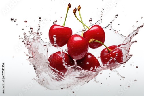 An advertising banner with a cherry in the water with drops and splashes