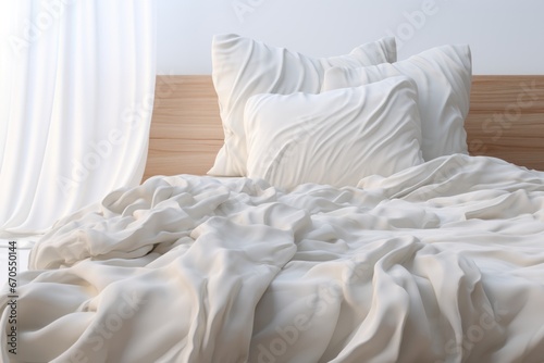 A white rumpled bed with pillows and a blanket on the bed