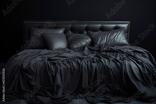 Black crumpled bed linen on the bed with pillows and a blanket