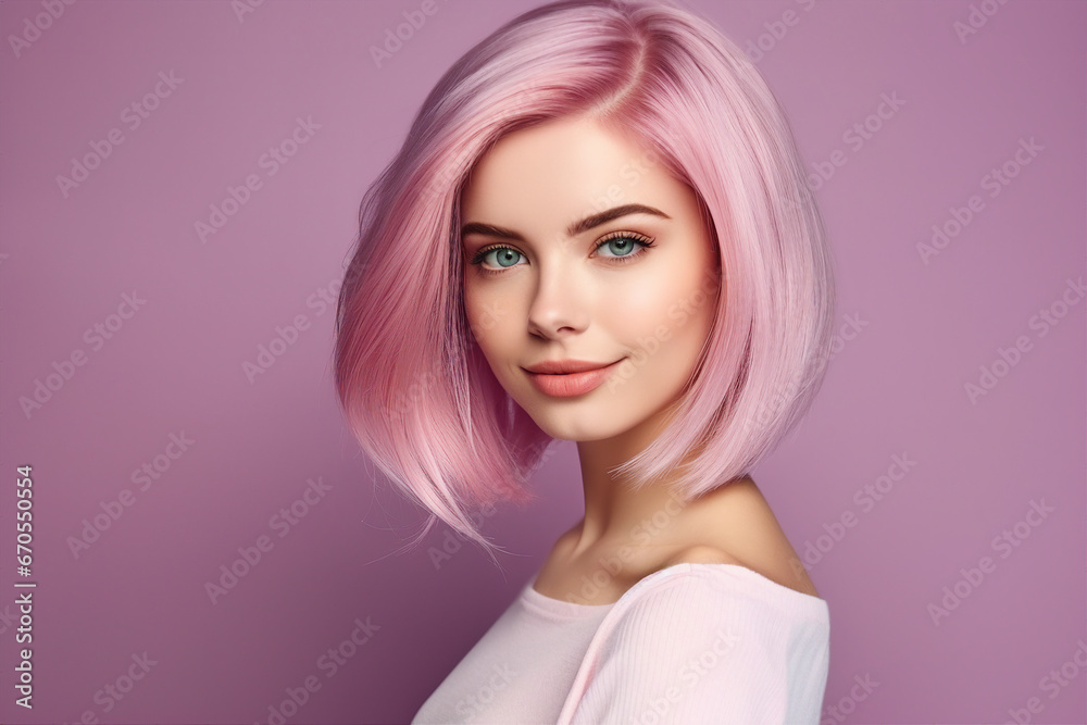 Generative ai picture of beautiful fashion model woman demonstrating perfect haircut pink stylish hair after salon