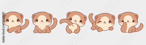 Set of Kawaii Isolated Ferret. Collection of Vector Cartoon Baby Pet Illustrations for Stickers, Baby Shower, Coloring Pages, Prints for Clothes
