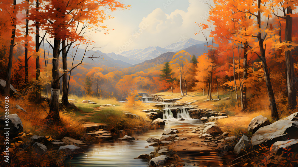 Naklejka premium Fall under the spell of an epic autumn with this stunning banner, featuring a forest bathed in warm, golden hues of leaves. The highly detailed image captures the essence of the season's beauty.