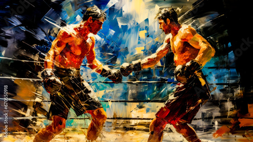 Boxing Champions Fight for Championship in Boxing Ring Acrylic Graphic Illustration Wallpaper Digital Art Poster Background Cover Painting © Korea Saii