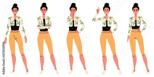 Set of girls with different poses in modern trendy flat style. Vector stock illustration. Isolated. Cloth. White background. Emotions Character. 