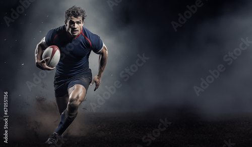 Un joueur de rugby courant avec le ballon, image cinématique, image avec espace pour texte.