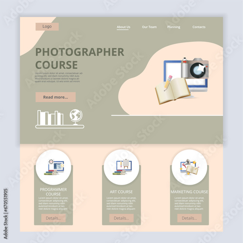 Photographer course flat landing page website template. Programmer course, art course, marketing course. Web banner with header, content and footer. Vector illustration.