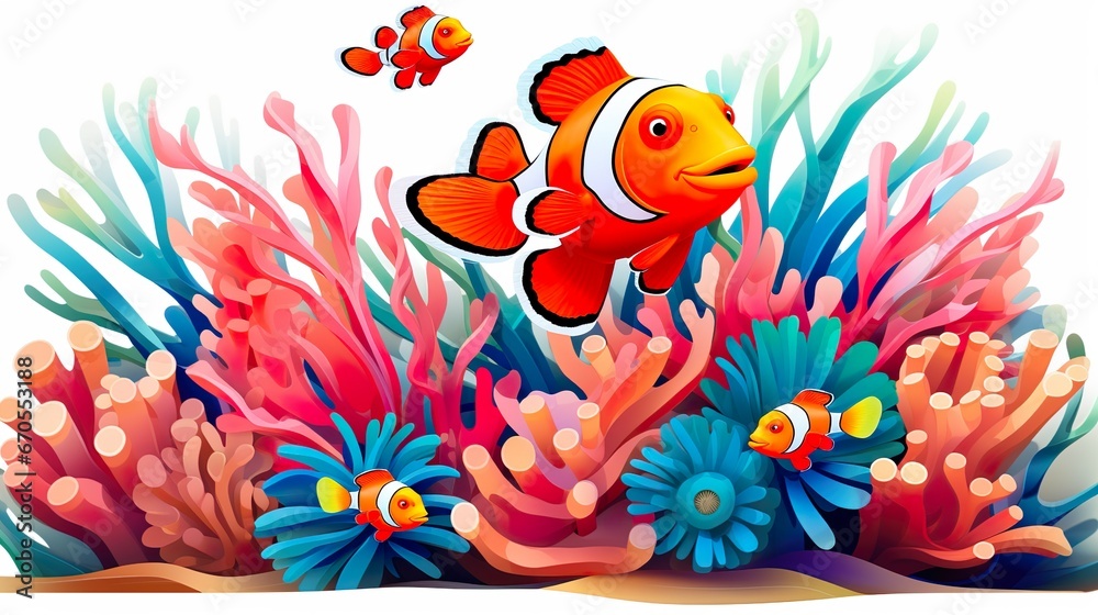Fototapeta premium Clownfish Harmony: Amphiprion Ocellaris and Sea Anemone, Amphiprion ocellaris clownfish and anemone in sea