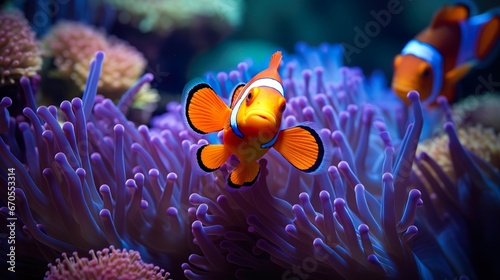 Clownfish Harmony: Amphiprion Ocellaris and Sea Anemone, Amphiprion ocellaris clownfish and anemone in sea © Ikhou