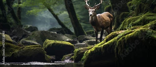 a deer standing on rocks in forest © Aliaksandr Siamko