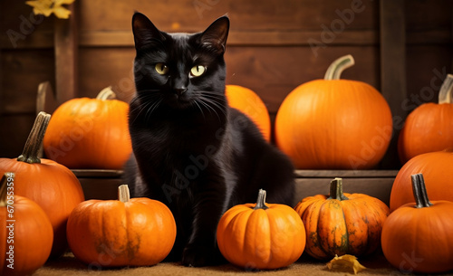 Black Cat Pumpkins: Halloween Background - Portrait of a Black Cat Sitting Between Pumpkins  © FILIP ROCH