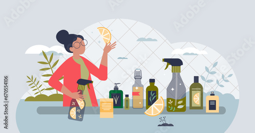 Natural cleaning products from organic bio herbs ingredients tiny person concept. Sustainable, green and environmental housekeeping chemical alternatives for washing housework vector illustration.