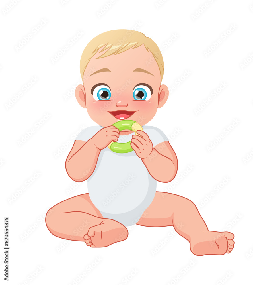 Cute happy little baby biting teether. Vector illustration isolated on white background. Cute happy little baby biting teether. Vector illustration isolated on white background.