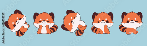 Set of Vector Cartoon Animal Illustrations. Collection of Kawaii Isolated Red Panda Art for Stickers, Prints for Clothes, Baby Shower, Coloring Pages