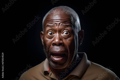 surprised adult African American man, head and shoulders portrait on black background. Neural network generated image. Not based on any actual person or scene.