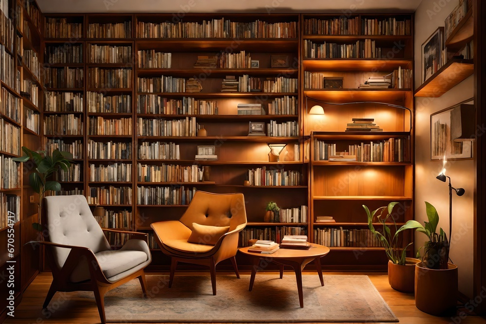 a cozy, Mid-Century Modern reading nook with teak bookcases, a retro armchair, and warm lighting. a cozy, Mid-Century Modern reading nook with teak bookcases, a retro armchair, and warm lighting.